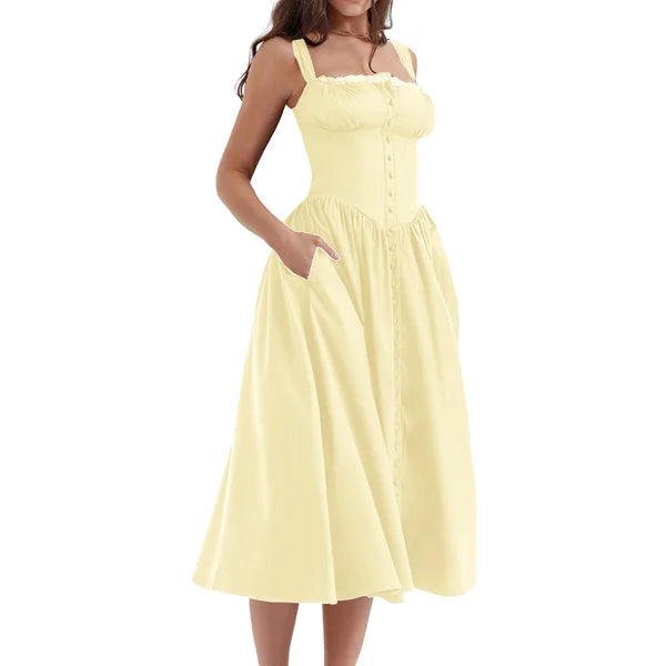 Lace Trim Corset Button Front Basque Waist Fit and Flare Midi Dress