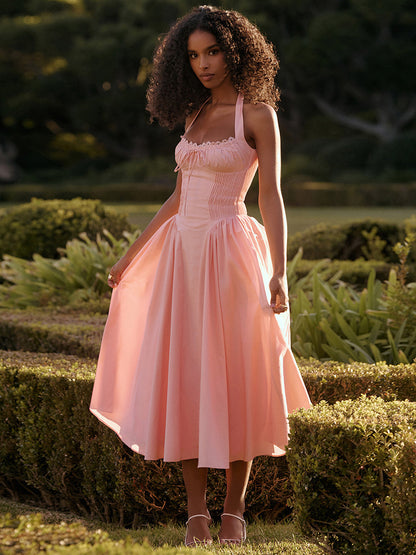 Corset Dress Halter Eyelet trim Lace Up Front Pleated Party Midi Dresses