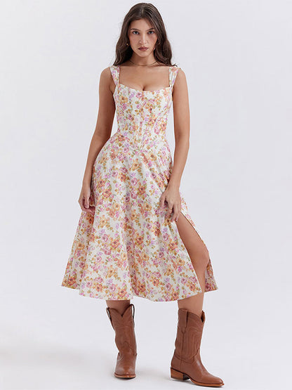 Floral Midi Dresses Backless Split Front U-Neck Sleeveless Lace-up Side Slit Chic Dress