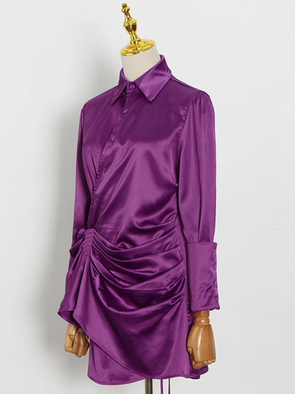 Shirt Dresses Draped Button Up Asymmetrical Casual Mini Dresses