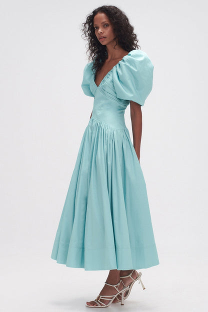 Solid V-Neck Pleat Puff-Sleeve Midi Dress