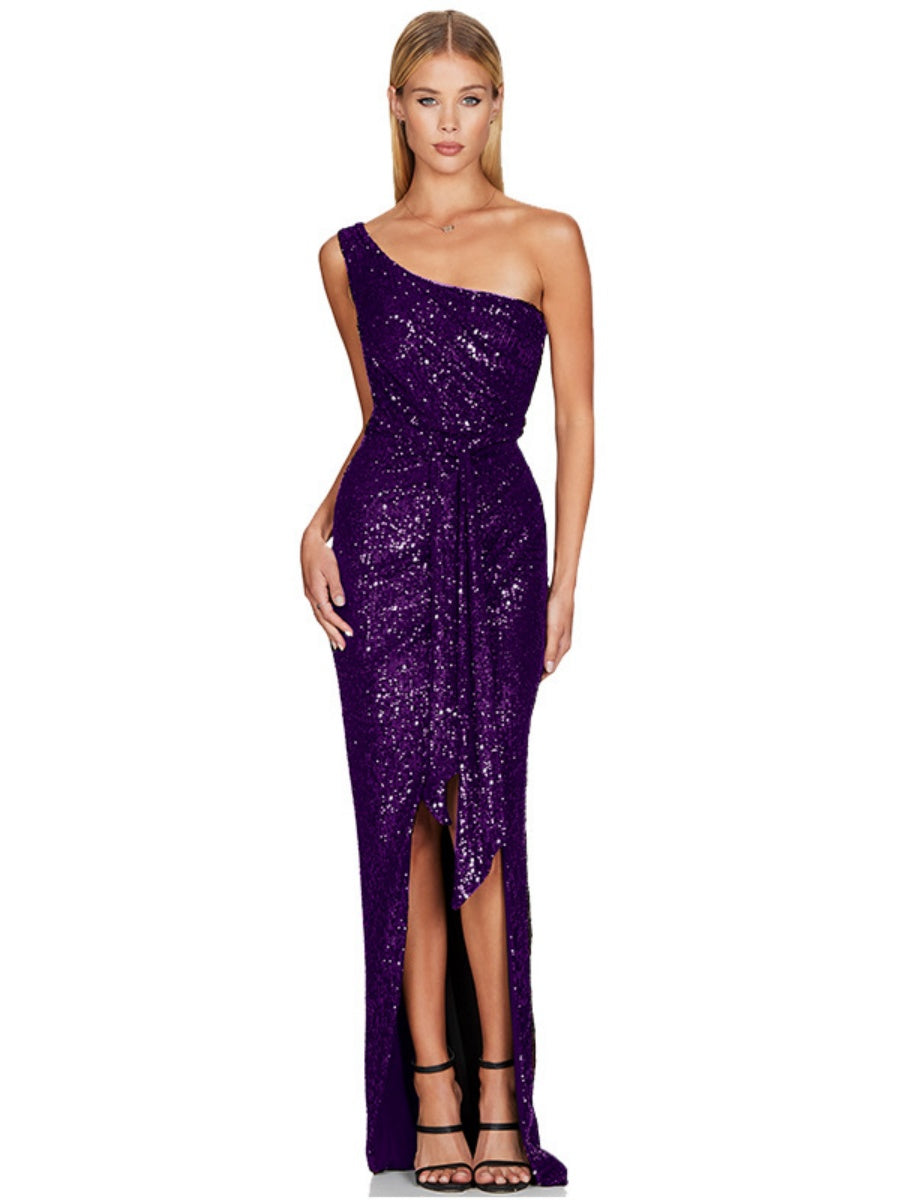 One-shoulder Tie-up Pleated Sweet And Spicy Sequined Dress