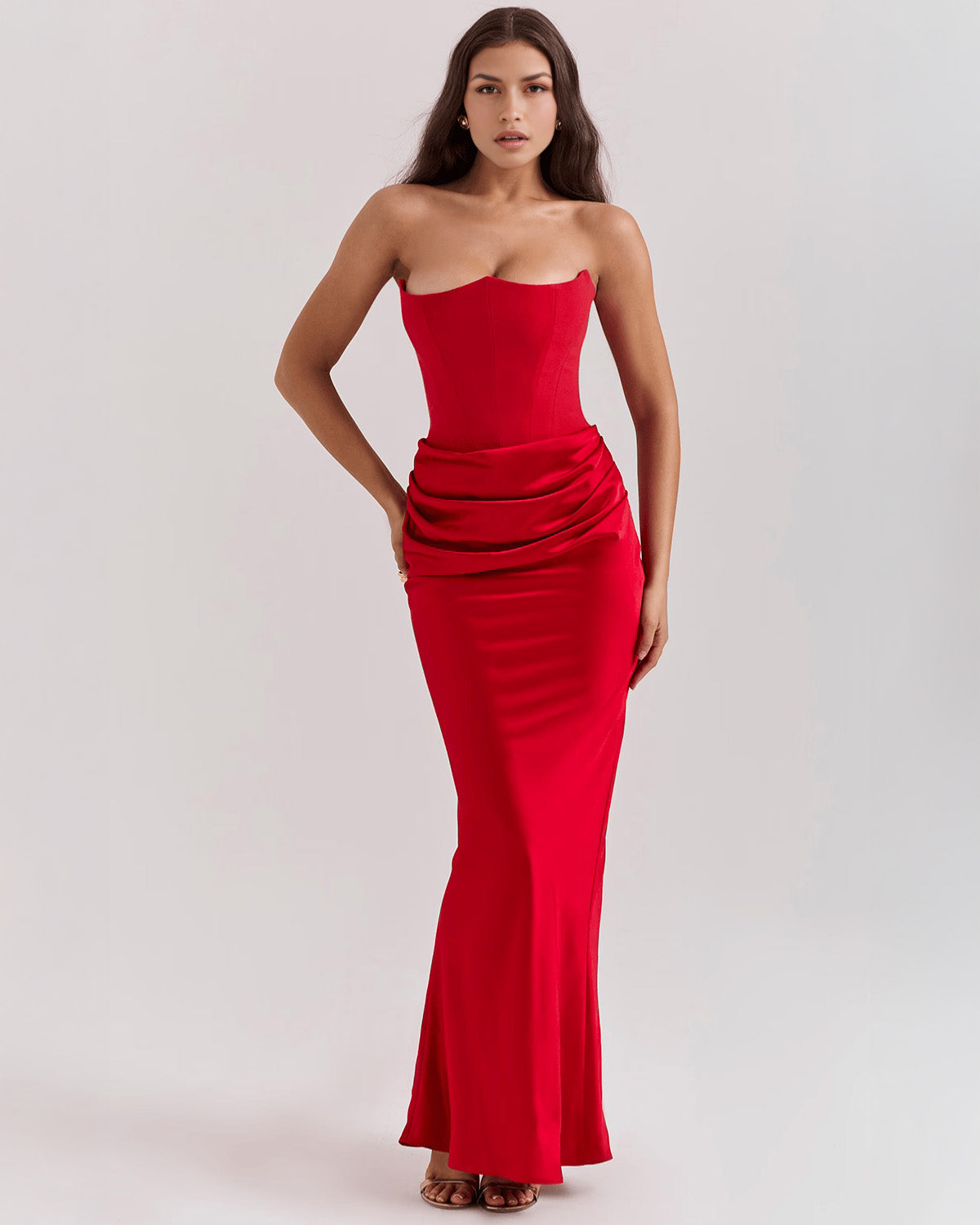 Strapless Pointed Sweetheart Corset Bodice Draped Hip Column Maxi Gown