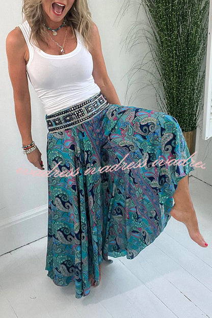 Ethnic Paisley Print Elastic Patchwork Waist Lightweight Pants