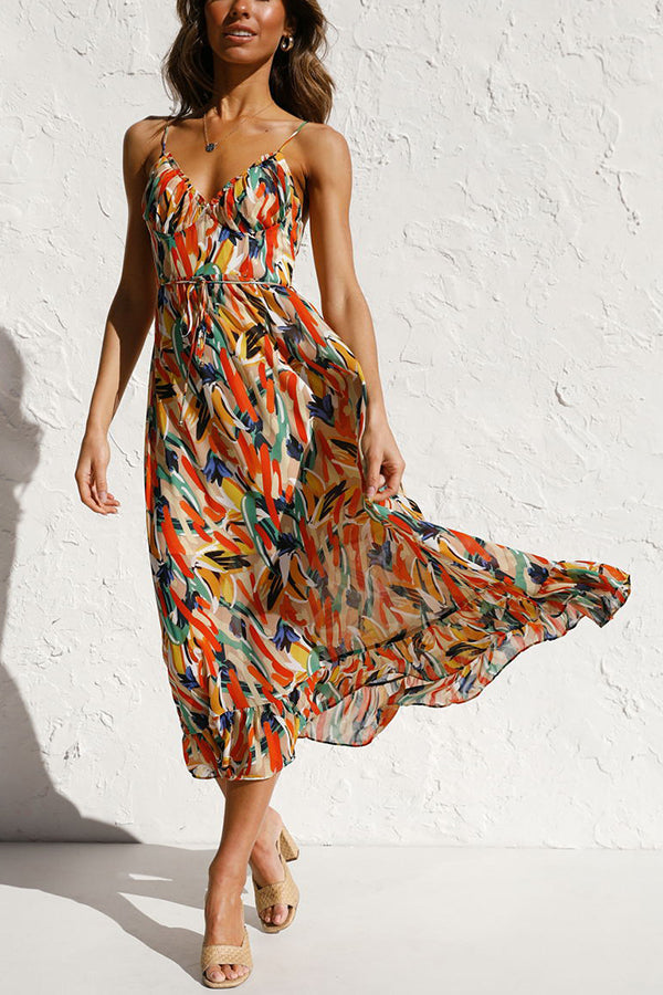 Abstract Brushstroke Print Spaghetti Strap Sweetheart Ruffle Hem Midi Dress