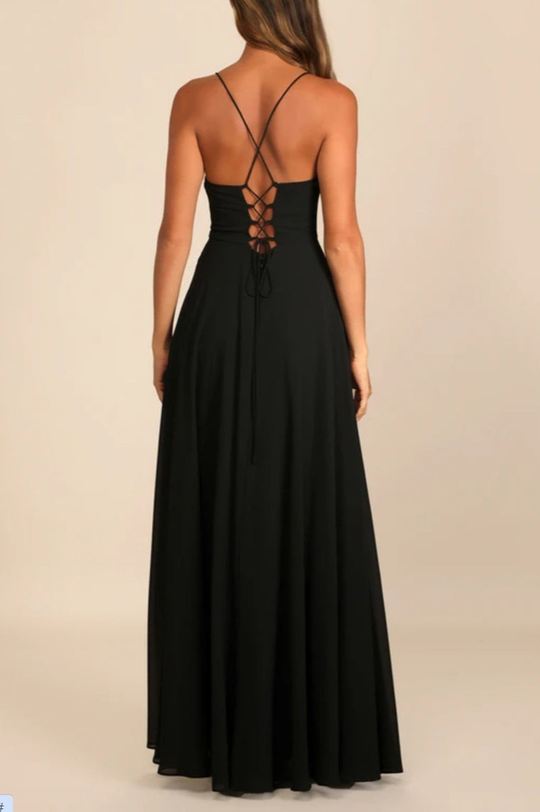 Cowl Neck Spaghetti Strap High Slit A-Line Chiffon Maxi Gown