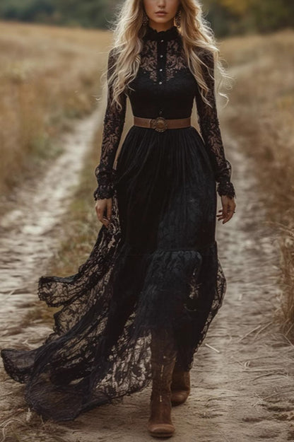 Elegant Hollow Lace Long Sleeve Slim Holiday Maxi Dress
