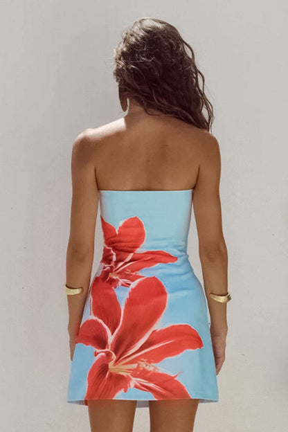 Strapless Large Floral Print Bodycon Tube Mini Dress