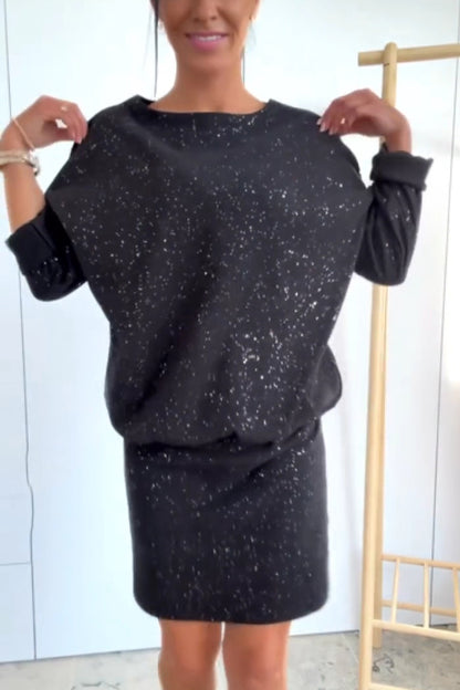 Solid Color Sparkly Round Neck Long Sleeve Casual Mini Dress