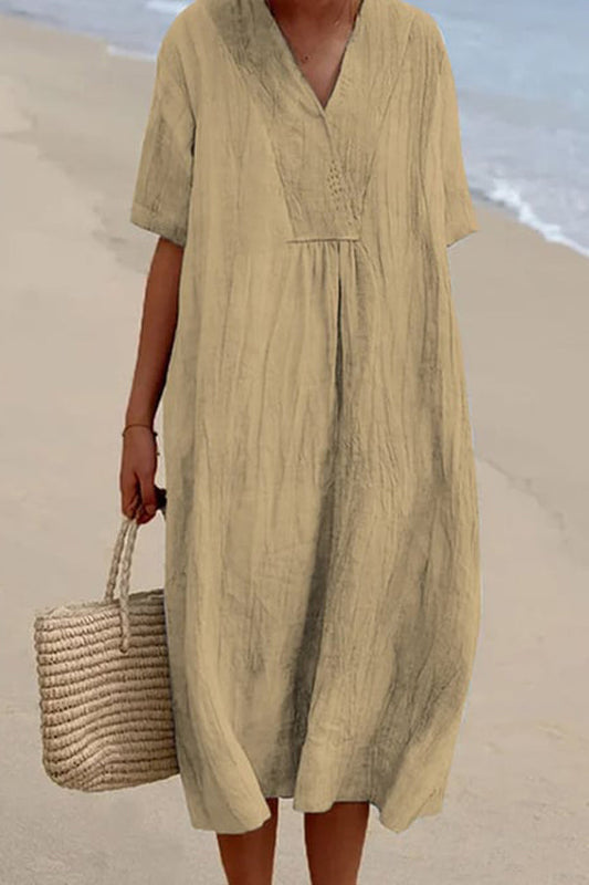 Loose Short Sleeved Solid V-Neck Dress