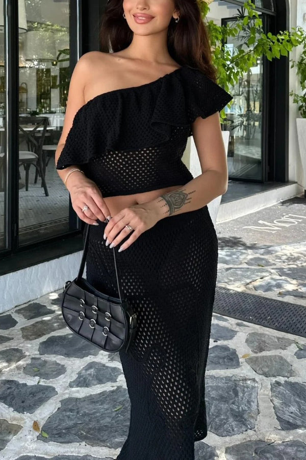 Solid Color One-shoulder Ruffled Openwork Top and Elastic Waist Holiday Knit Maxi Skirt Cover-up Set