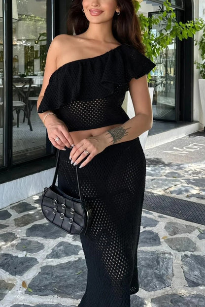 Solid Color One-shoulder Ruffled Openwork Top and Elastic Waist Holiday Knit Maxi Skirt Cover-up Set