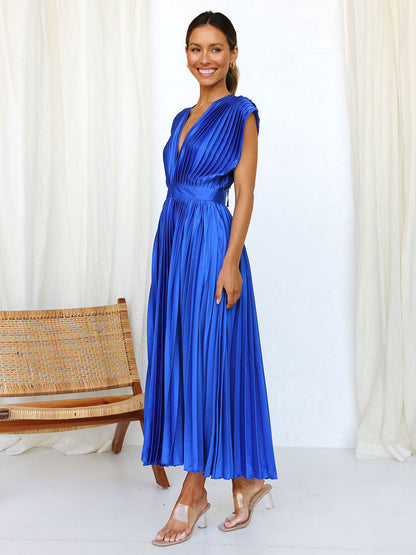 Midi Dress V-Neck Sleeveless Casual Oversized Pleated Party Dress