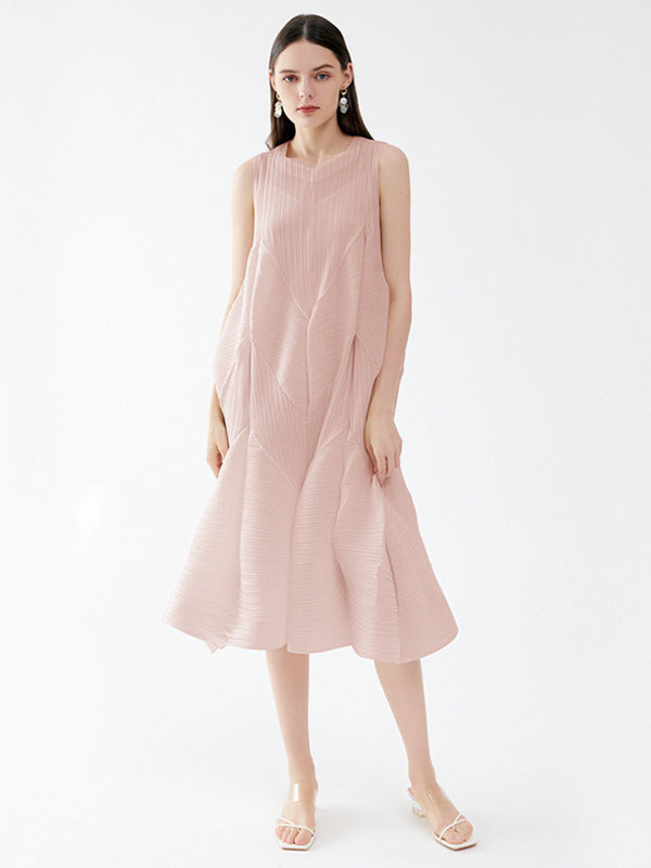 Summer Dress Sleeveless Patchwork Designed Neckline Midi Dress