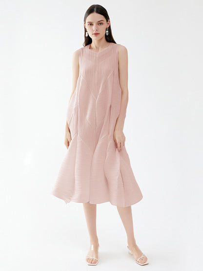 Summer Dress Sleeveless Patchwork Designed Neckline Midi Dress
