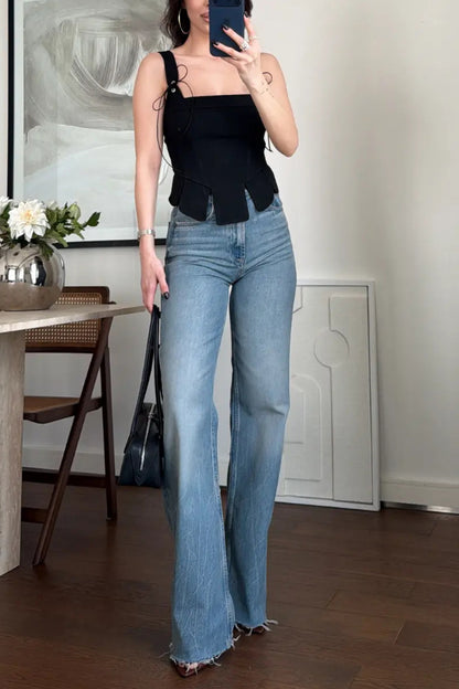 lily Linen Blend square neck Tie Shoulder Straps slit hem tank
