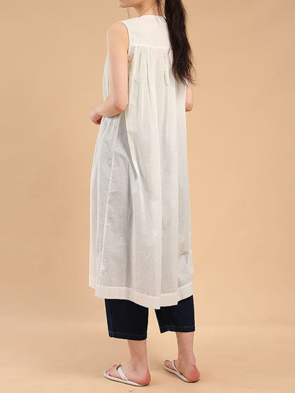 Loose Sleeveless Pleated See-Through Round-Neck Midi Dresses