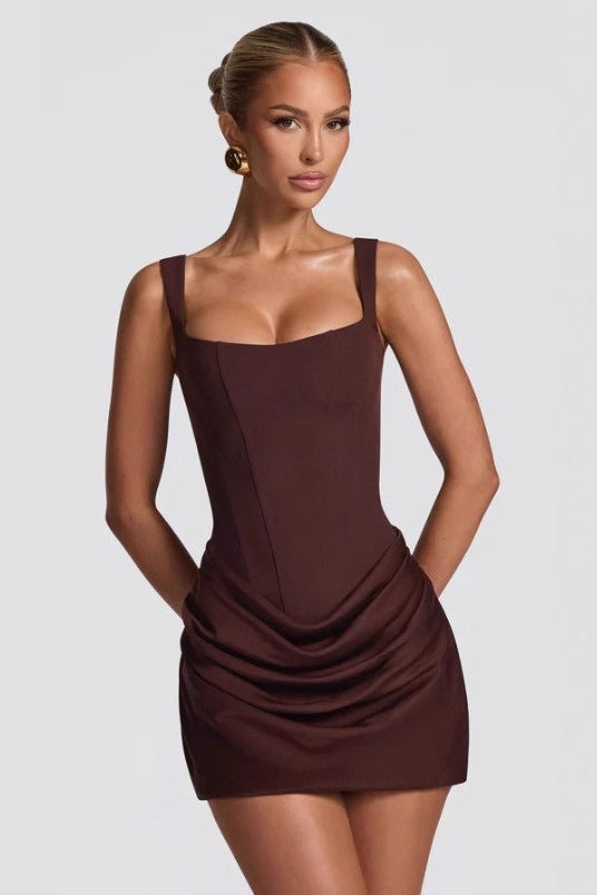 Strapless Corset Boned Bodice Draped Tulip Hem Sash Trail Mini Dress