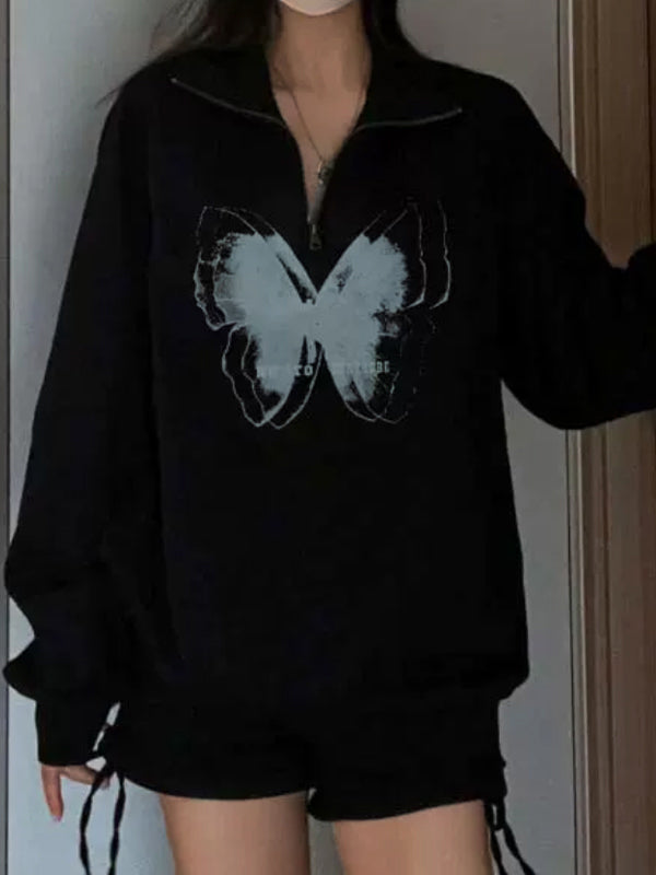 Butterfly Print Half Zipper Lapel Neck Sweatshirt