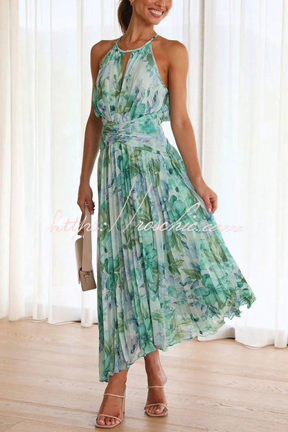 Sunny Forecast Floral Cutout Neck Pleated Midi Dress