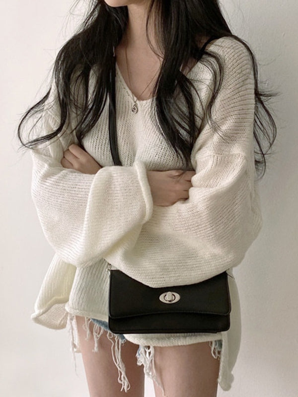 V Neck Rolled Hem Loose Sweater