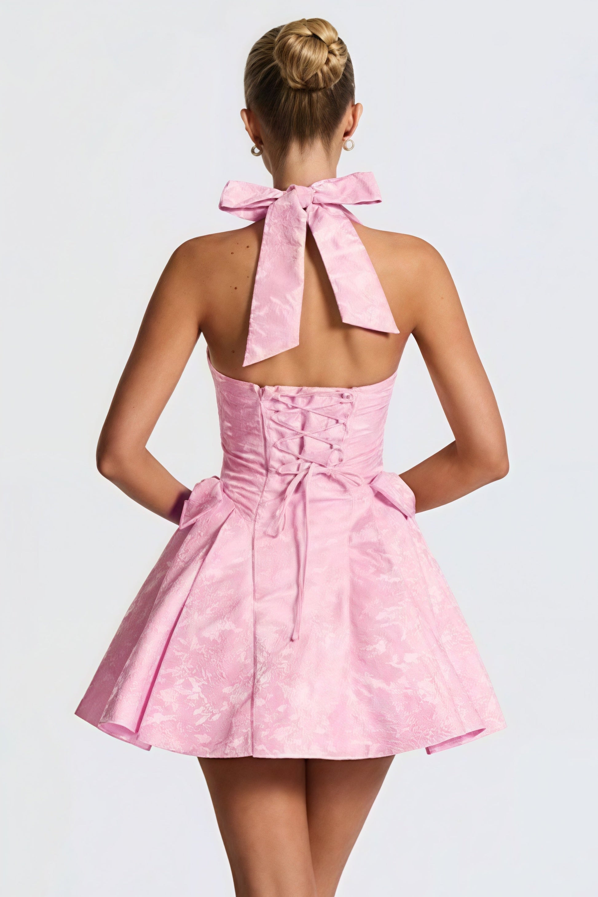 Jacquard Halter Deep V Neck Bow Back Hip Bow Fit and Flare Mini Dress