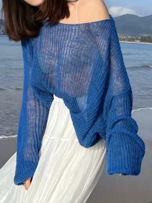 See Through Solid Loose Short Long Sleeve Knit