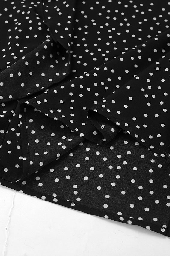 Polka Dot Wrap V-Neck Balloon Sleeve Ruffle Front Maxi Dress