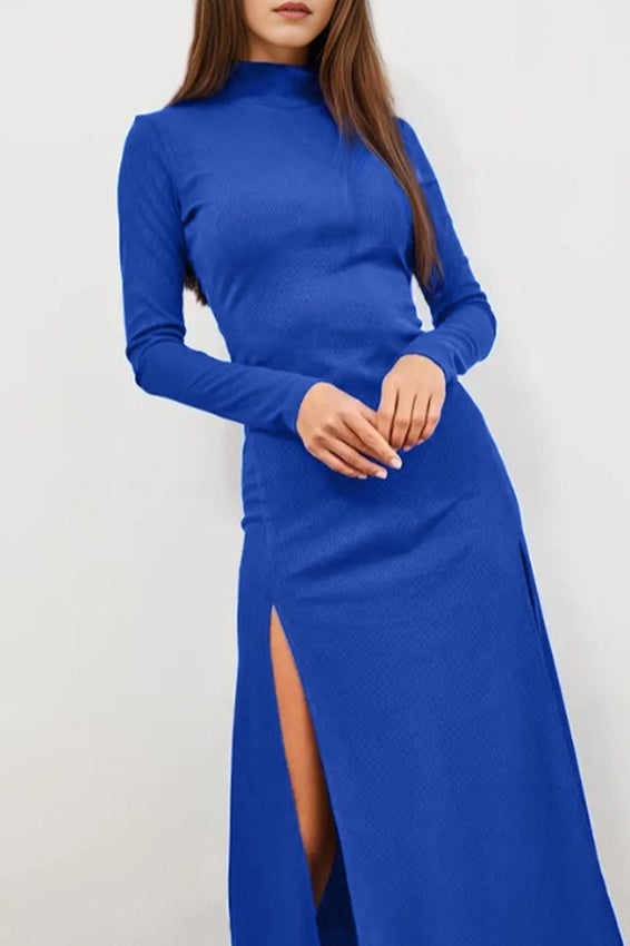Rib Knit Mock Neck Long Sleeve Double Side Slit Bodycon Maxi Dress