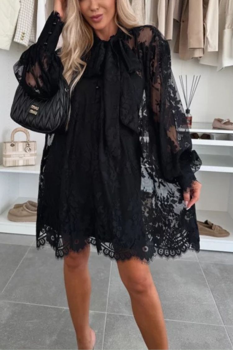 Lace Pussy Bow Tie Neck Balloon Sleeve Button Cuff Babydoll Mini Dress