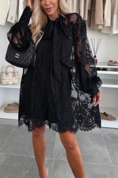 Lace Pussy Bow Tie Neck Balloon Sleeve Button Cuff Babydoll Mini Dress