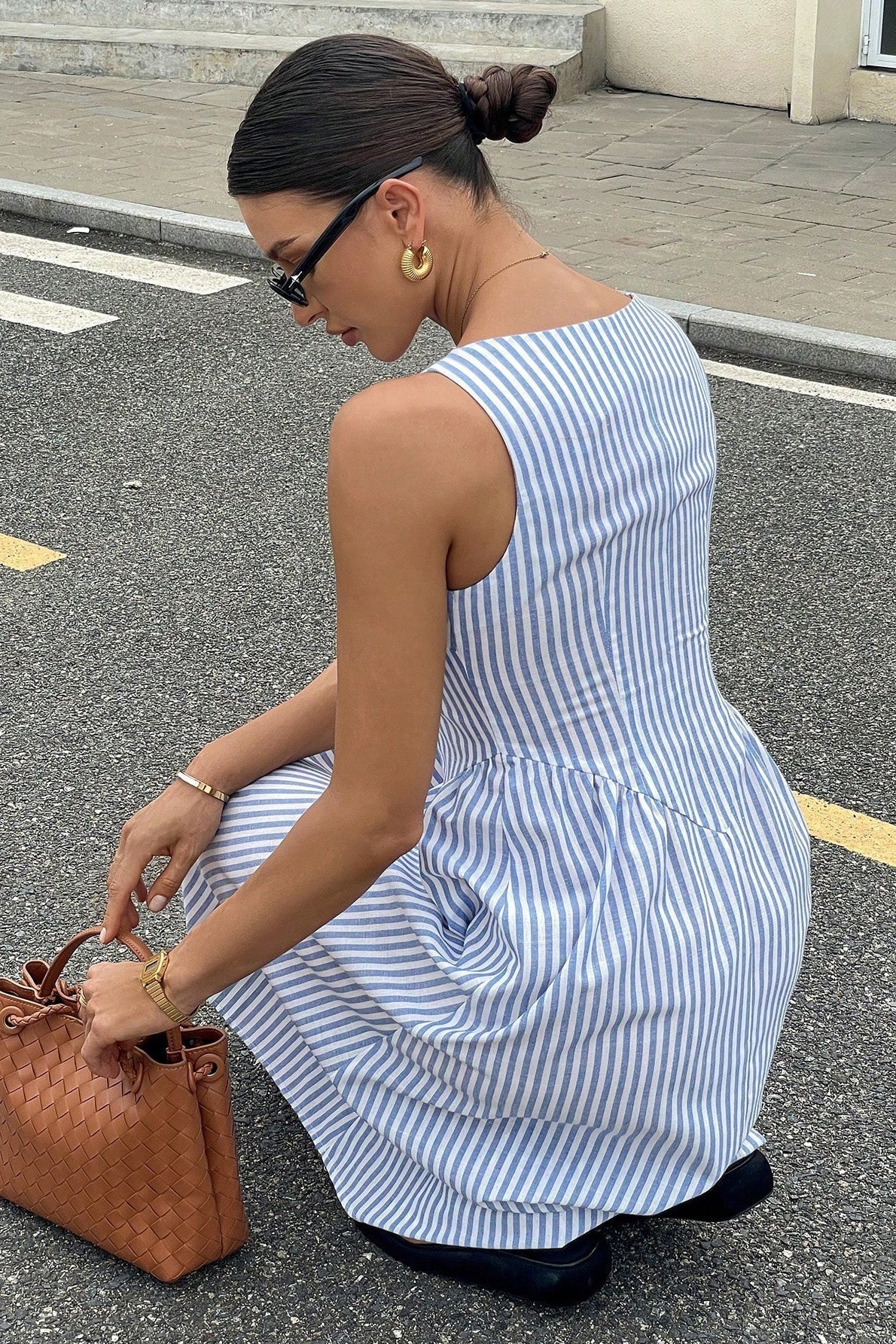 Striped Square Neck Wide Strap Basque Waist Fit and Flare Midi Dress