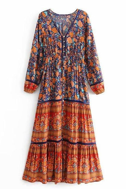 Floral V-Neck Button Midi Dress