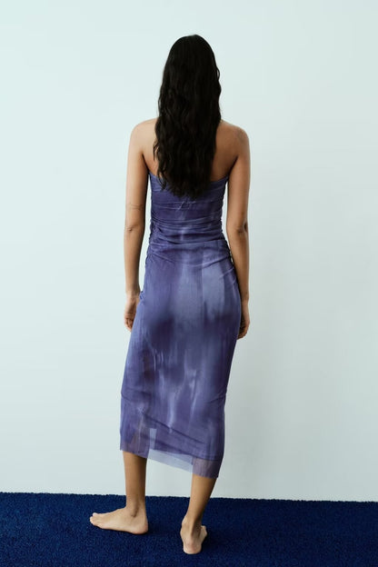 Summer Women Tube Top Silk Net Printed Dress – Stylish Floral Sleeveless Mini Dress