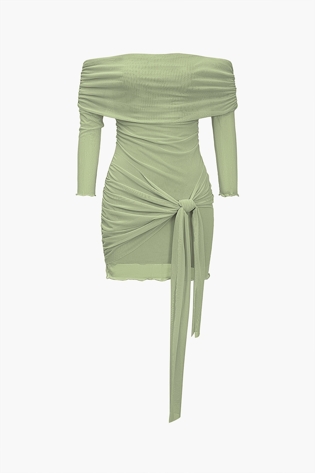 Off Shoulder Ruched Long Sleeve Side Sash Drape Bodycon Mini Dress