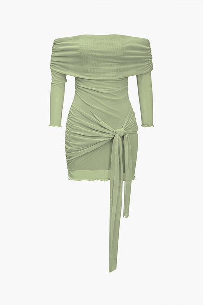 Off Shoulder Ruched Long Sleeve Side Sash Drape Bodycon Mini Dress
