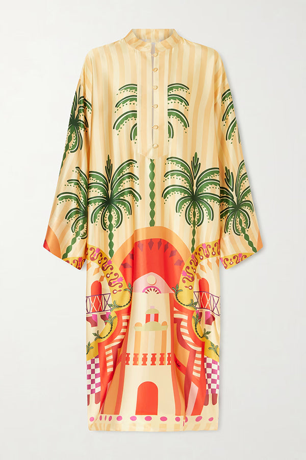 Vibrant Satin Urban Landscape Print Button Long Sleeve Slit Kaftan Midi Dress