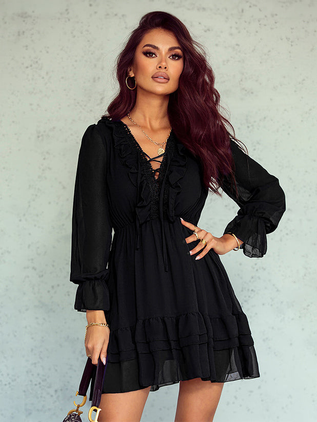 Shirt Dresses Black V-Neck Lace Long Sleeves Polyester Dresses Mini Dresses