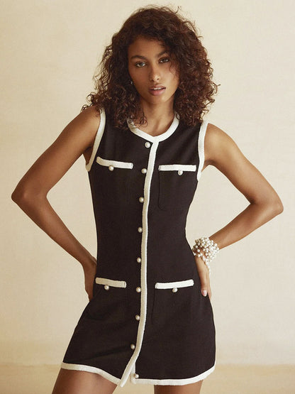 Knitted Dress Buttons Two-Tone Sleeveless Convertible Viscose Mini Dresses