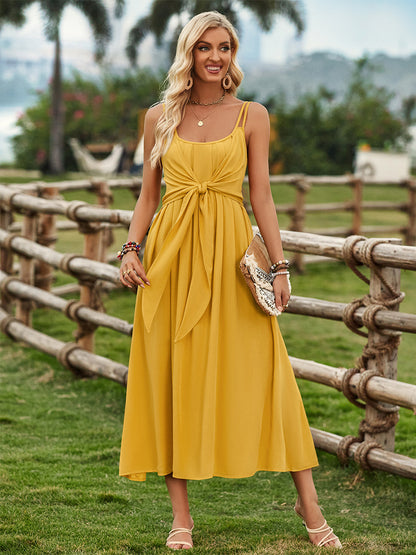 Summer Dress Dual Strap Knot Front Backless Pleated Casual Midi Dresses