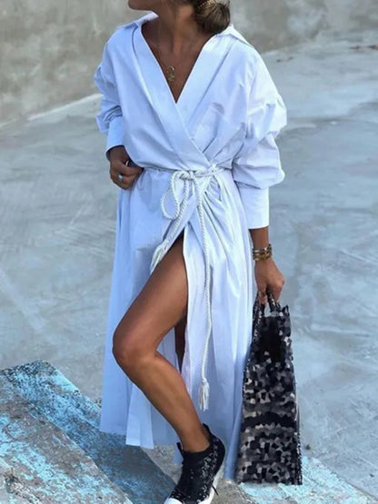 Simple Long Sleeves Belted Solid Color Lapel Maxi Dresses