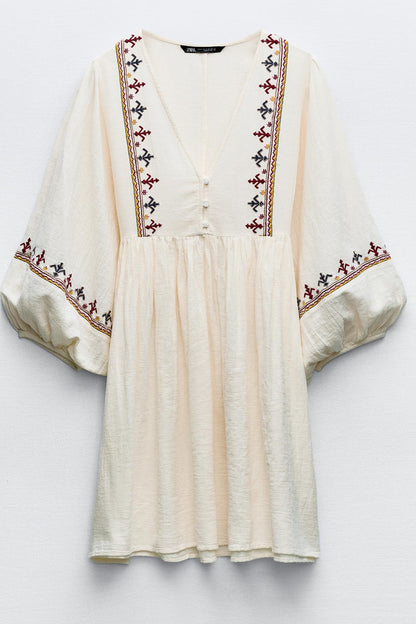 V-Neck Lantern Sleeve Embroidered Mini Dress