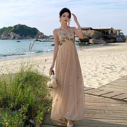 Sparkly French Halter Maxi Dress – Sexy Backless Gown for Beach Vacay