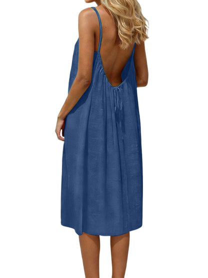 Ice Silk Linen Backless Halter Solid Color Midi Dress