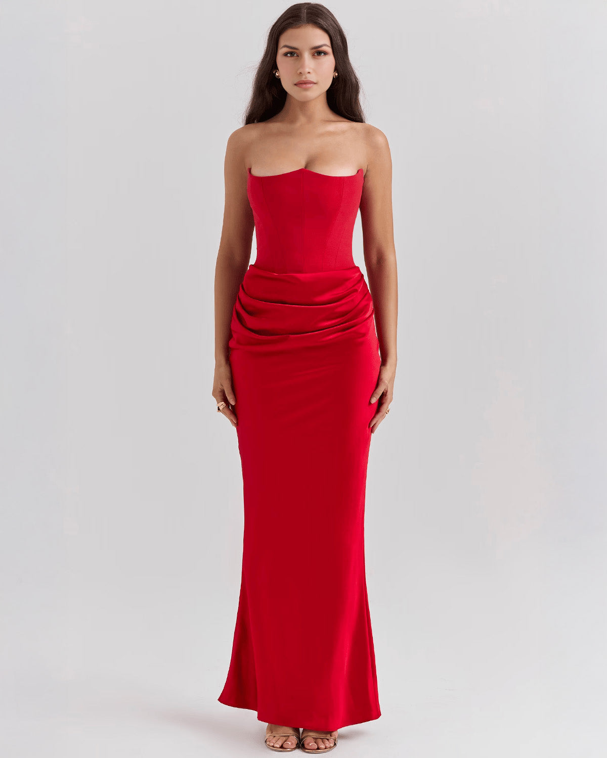 Strapless Pointed Sweetheart Corset Bodice Draped Hip Column Maxi Gown