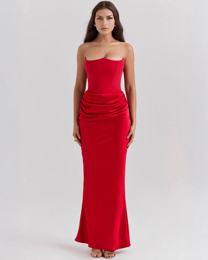 Strapless Pointed Sweetheart Corset Bodice Draped Hip Column Maxi Gown