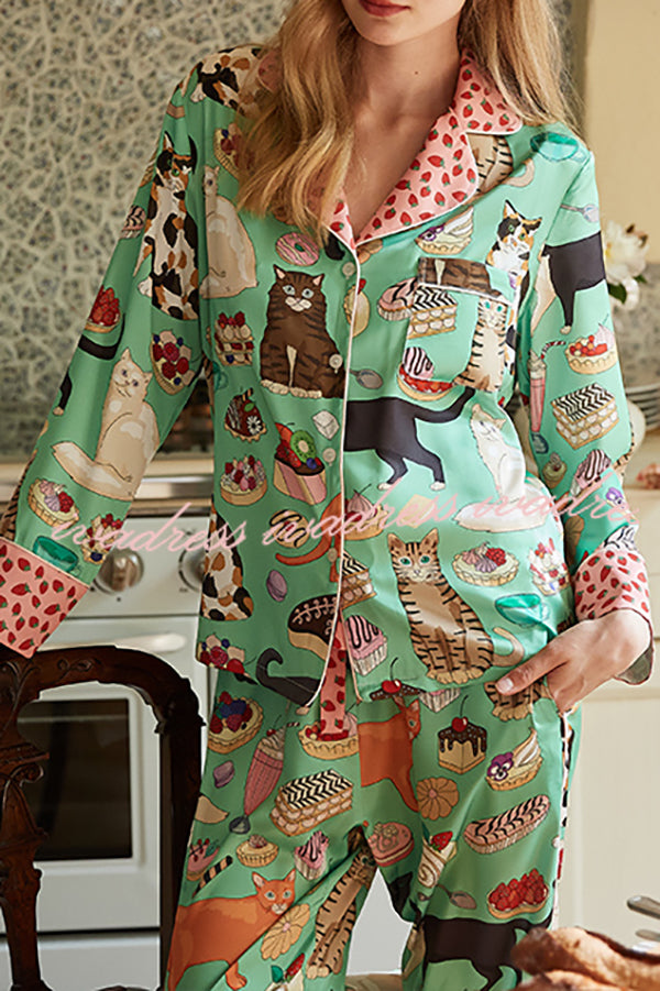 Coffee Cat Print Home Long Sleeve Two Piece Set