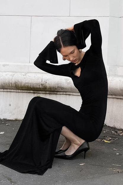 Mock Neck Keyhole Cutout Long Sleeve Flared Cuff Bodycon Maxi Dress