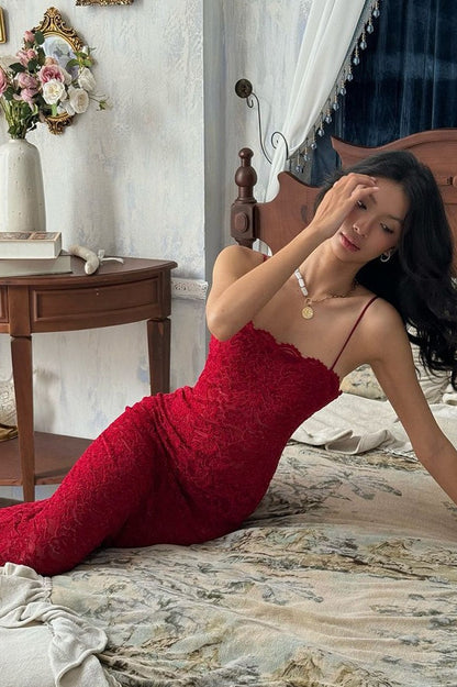 Spaghetti Strap Scalloped Lace Overlay Bodycon Maxi Dress