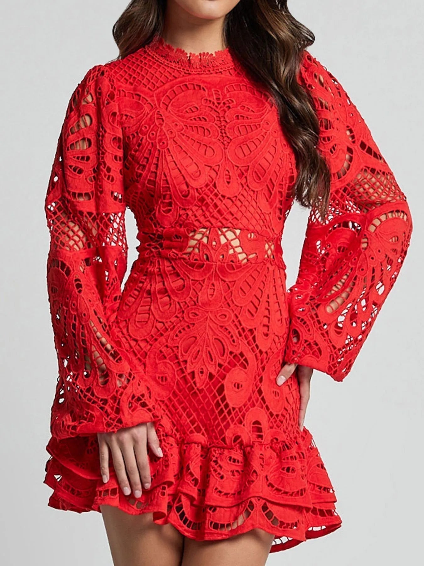 Floral Guipure Lace Mock Neck Bell Sleeve Tiered Ruffle Hem Mini Dress